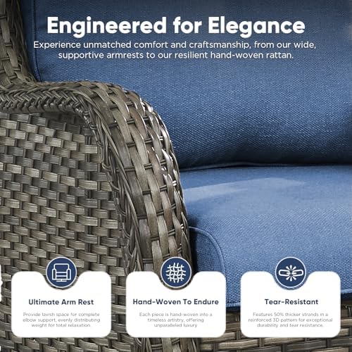 Belord 5 Piece Wicker Patio Furniture Set, Outdoor Swivel Rocker Chairs Set of 2 with Ottomans and Side Table, All Weather Patio Conversation Furniture Set, for Porch Pool, Gray Wicker/Blue