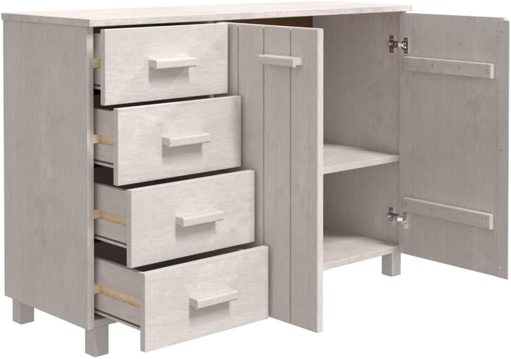 White Solid Pinewood and MDF Sideboard with 4 Drawers and 2 Doors, Modern Storage Cabinet for Dining Room Living Area Hallway Entryway Buffet Console