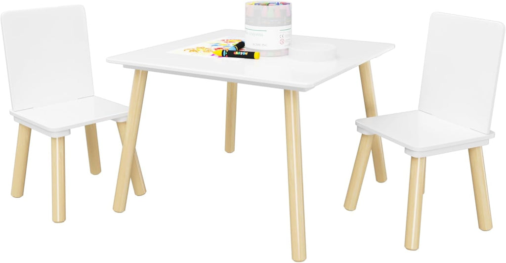 ALEVINE 3 Piece Square Back Kids Table Set | Kids wooden table and chair set with animal-themed chairs, designed for play, learning, crafts, and activities.