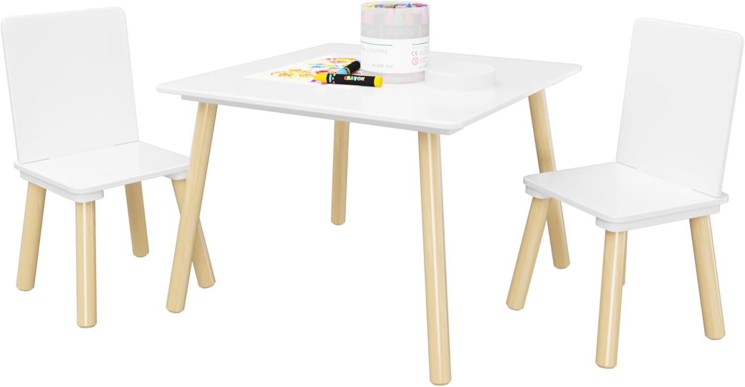 ALEVINE 3 Piece Square Back Kids Table Set | Kids wooden table and chair set with animal-themed chairs, designed for play, learning, crafts, and activities.