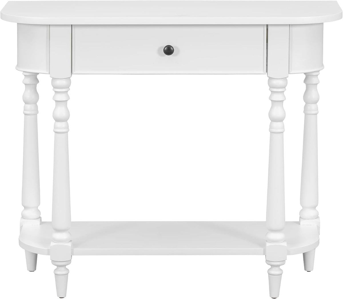 LKTART Solid Wood Corner-Curved Console Table,Farmhouse Space-Saving Entryway Sofa Table with Drawer & Open Shelf for Living Room,Hallway,Foyer(White 36")