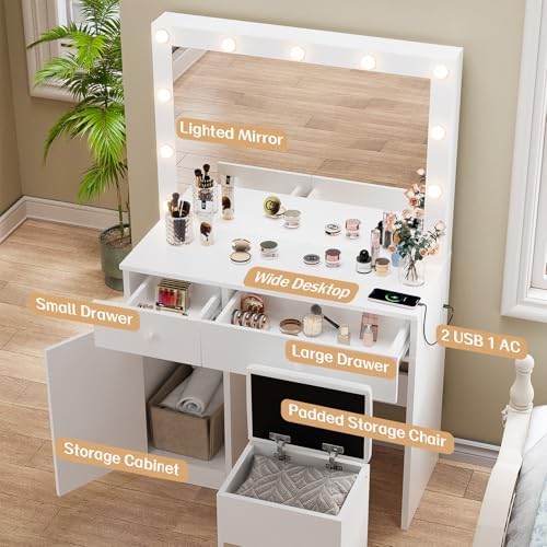 Haewon White Makeup Vanity Desk with Lighted Mirror and Storage Chiar Set | 11 LED Light Bulbs, 3 Lighting Modes, Built-In Charging Station, Storage Cabinet and Drawe for Bedroom
