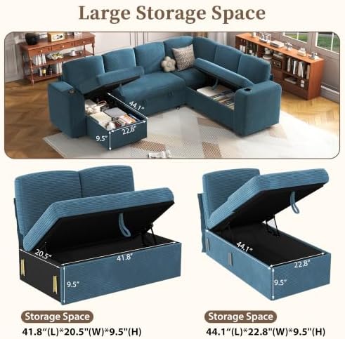 wanan Sectional Sleeper Sofa with Pull Out Couch Bed, 7 Seats Modular U Shaped Cloud Couch with Storage Chaise, Dual Arm Storage & USB Charging, Adjustable Backrest Sofa,Blue Corduroy