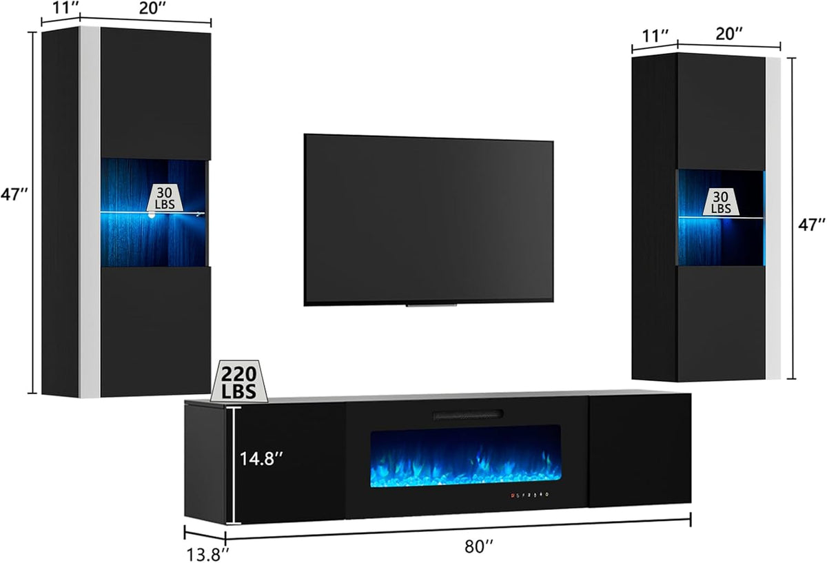AMERLIFE Wall Unit Entertainment Center with 40" Electric Fireplace, Includes 80" Floating Fireplace TV Stand, 2 x Wall Cabinets, Modern LED Light Media Console Table for Living Room, Black