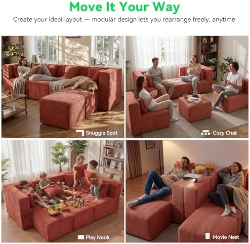 MONVANE U Shaped Sectional Couch Oversized, Chenille, Rust Red | 6-Seat Sectional Couch for Living Room, Modular Cloud Sofa with Ottoman & 6 Throw Pillows, No Assembly Required