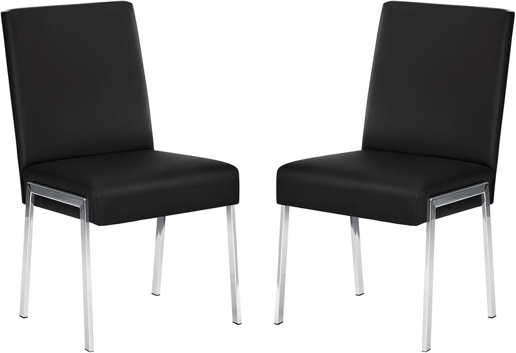 Modern Dining Chair Set of 2, Comfortable Dining Chair with Thick Cushions | Upholstered Leather Kitchen Side Chair with Metal Feet for Home, Kitchen, Living Room, Dining Room and Cafeteria, Black