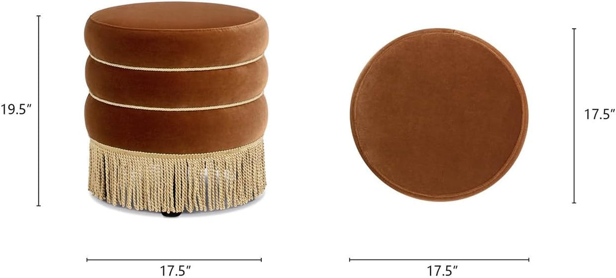 Jennifer Taylor Home Edward 17.5" Round Upholstered Ottoman with Bullion Fringe in Burnt Orange Performance Velvet