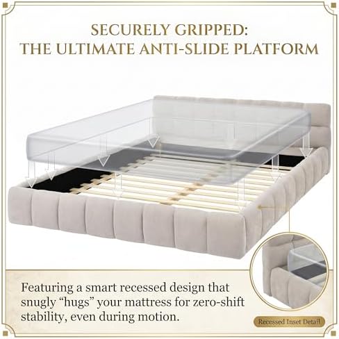 Chenille Fabric Upholstered Platform Bed Frame with Soft Headboard, Modern Low Profile Grounded Design, No Box Spring Needed, Sturdy MDF & Wood Frame, Neutral Style, Beige, Queen