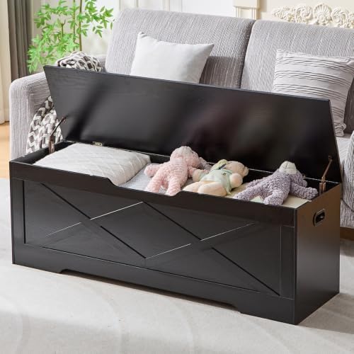 55.1" Storage Bench,Storage Chest for Entryway, Mudroom & Bedroom | 55.1L”x15.7W”x19.1H” Wooden Storage Bench,Storage Trunk with 2 Safety Hinges,Supports 220 lb,Easy Assembly( Black)