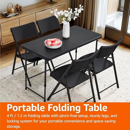 Amazon Basics Portable 4 Ft Rectangular Folding Dining Table, 4 Adjustable Height Settings, Space Saving Fold-in-Half Design and Carrying Handle, Indoor & Outdoor, Washed Black, 47.8 x 23.9 x 33.9 in