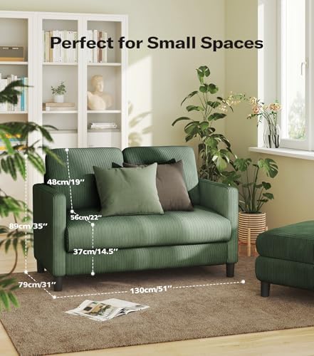 Welzona Loveseat, 51" Small Couch, Corduroy Love Seat, Small Loveseat Sofa | Comfy Corduroy Fabric, Tool-free Setup, Washable Covers, All-wood Small Sofa Couch for Living Room, Bedroom, Green