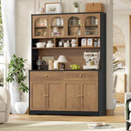 FINETONES 71" Pantry Cabinet, Tall Kitchen Pantry with Charging Station | 47.2" Wide Kitchen Hutch Food Storage Cabinets with Open Countertop, Kitchen Pantry Cabinet for Dining Room, Black/Brown