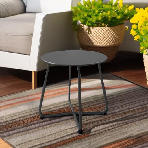 Meluvici Patio Small Side Table Waterproof Round Metal Steel Weather Resistant Portable Outdoor and Indoor End Table for Garden Balcony Yard, Black