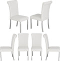 ACEDÉCOR Dining Chairs, White Leather Dining Chairs Set of 6, Upholstered Kitchen Room Chairs with Silver Stainless Steel Legs