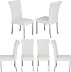 ACEDÉCOR Dining Chairs, White Leather Dining Chairs Set of 6, Upholstered Kitchen Room Chairs with Silver Stainless Steel Legs