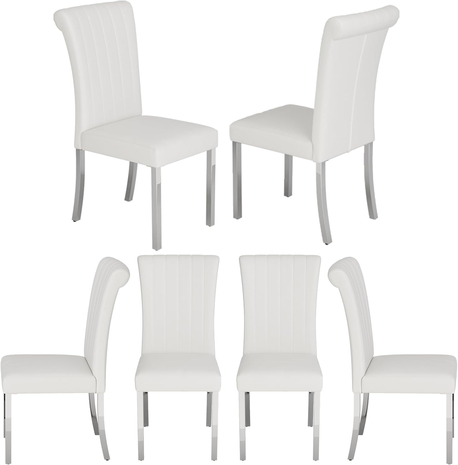 ACEDÉCOR Dining Chairs, White Leather Dining Chairs Set of 6, Upholstered Kitchen Room Chairs with Silver Stainless Steel Legs