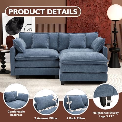 Ihanherry 77" L Shaped Modern Sofa Modular Sectional Cloud Couch with Ottoman, 3-Seat Chenille Deep Seat Sofa with Pillow for Living Room, Bedroom and Apartment, Blue