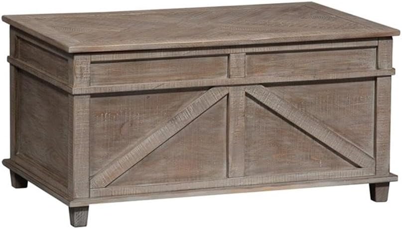 Pemberly Row 3 Piece Pine Wood Living Room Table Set, Weathered Taupe Finish, Planked Top Coffee Table with Casters, Cedar-Lined Storage, Two End Tables, Rustic Style Furniture for Living Room Decor