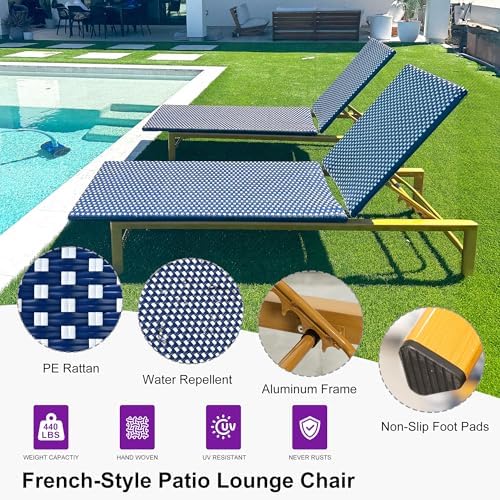 PURPLE LEAF 1 Piece French Patio Chaise Lounge Rattan Teak Frame, Navy | All-weather PE Wicker, Wood-Grain Aluminum Frame, 5 Adjustable Positions, Non-Slip Pads, 440 lbs Capacity, For Pool, Garden