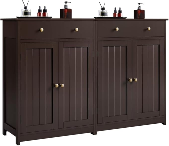 Yaheetech Set of 2 Bathroom Storage Cabinet with 1 Drawer, Freestanding Bathroom Cabinet with 2 Doors and 3-Level Adjustable Shelf, Modern Furniture for Laundry Room, Corridor, Espresso