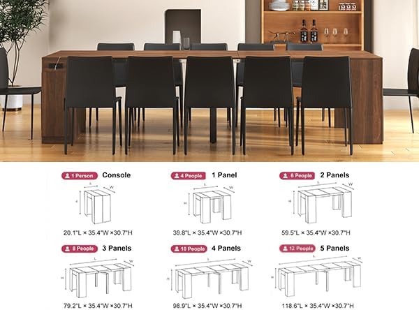 Transforming Table Extender for Dining Table, Pull Out Table, Transformer Console with Storage & Built-in Outlet, Folding Dining Table for 12, Walnut Black