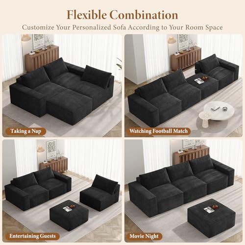 Vesgantti 114" L Shaped Couch, Deep Seat Sectional Sofa, Black | Oversized 3 Seater Modular Couch with Ottoman, Cloud Sofa for Living Room, No Assembly Required, Free Combination, Chenille