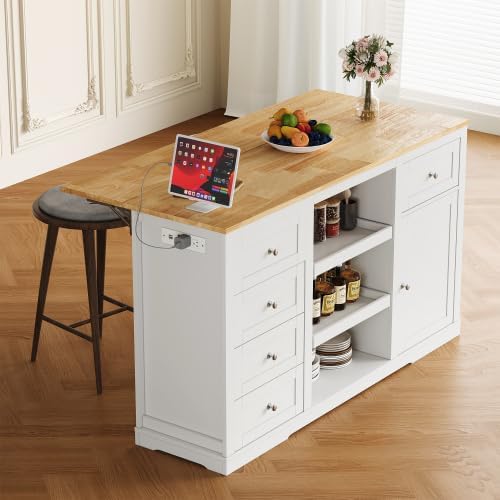 Kitchen Island with Charging Station Wood Kitchen Cart with Drawers Cabinet | Kitchen Island Cart, Wood Top Kitchen Island with Drawer Cabinet & Dual Pull‑Out Trays for Household Storage