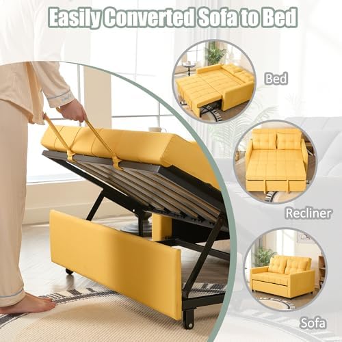 GOSUHI 52" 3-in-1 Convertible Sleeper Sofa Bed, Linen, Yellow | Pull-Out Bed, Stepless Adjustable Backrest, Side Pocket, Compact Loveseat, Living Room, Dorm & Apartment