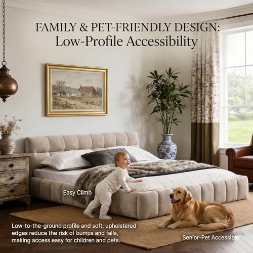 Chenille Fabric Upholstered Platform Bed Frame with Soft Headboard, Modern Low Profile Grounded Design, No Box Spring Needed, Sturdy MDF & Wood Frame, Neutral Style, Beige, Queen