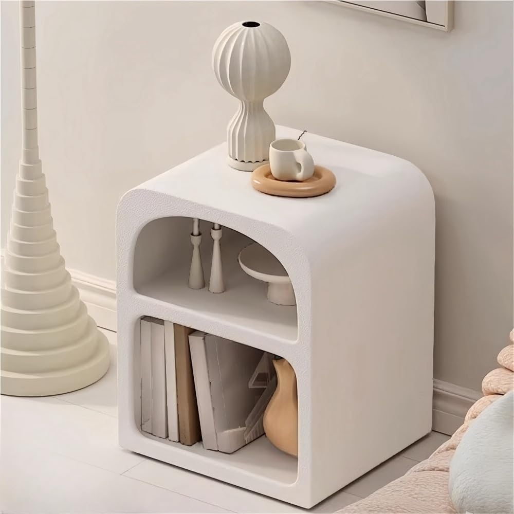 Modern Side Table, Creative Decorative Side Table, Nightstand with 2 Layers of Open Storage, Half-Moon Bedside Table for Bedroom, Office, Living Room, Apartment(Small)