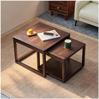2 Piece Solid Walnut Wood Nesting Tables, Modern Square Stackable Coffee & Side Table Set, Pre-Assembled Space-Saving End Tables