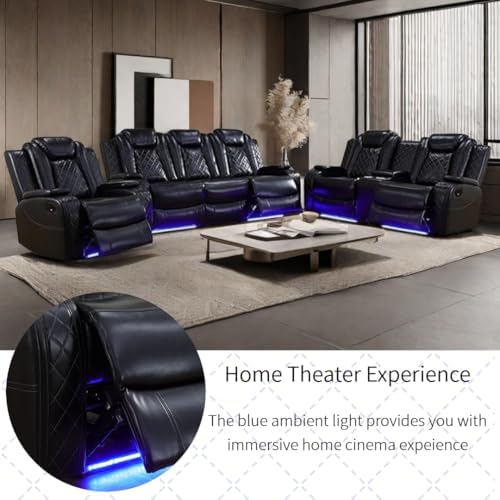 Power Recliner Set with LED Lights, Air Leather Reclining Set with USB Port/Wireless Charger/Storage Console/Cup Holder for House/HomeTheater/Apt (Black, Sofa Loveseat Chair)