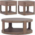 Pemberly Row 3 Piece Set, Round Rubberwood Cocktail Table with Faux Concrete Insert and 2 End Tables, Burnished Beige Finish, Satin Pewter Hardware, Storage Drawer, Living Room Furniture