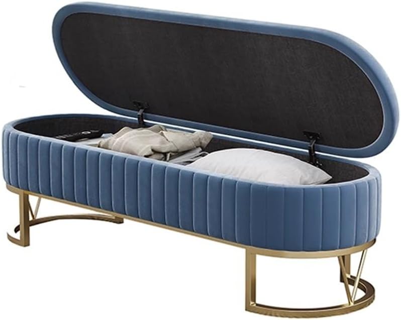 Modern Storage Bench Upholstered Bedside Stool with Metal Legs Modern for Living Room Entryway Entryway(Blue,Large)