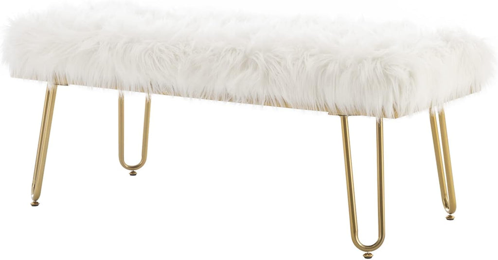 White Faux Fur Ottoman Bench Upholstered Furry Entryway Bedroom Bench with Gold Metal Legs, Modern Contemporary Long Bench Ottoman Hair Foot Rest Stool for Entryway, Living Room, Bedroom