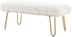 White Faux Fur Ottoman Bench Upholstered Furry Entryway Bedroom Bench with Gold Metal Legs, Modern Contemporary Long Bench Ottoman Hair Foot Rest Stool for Entryway, Living Room, Bedroom