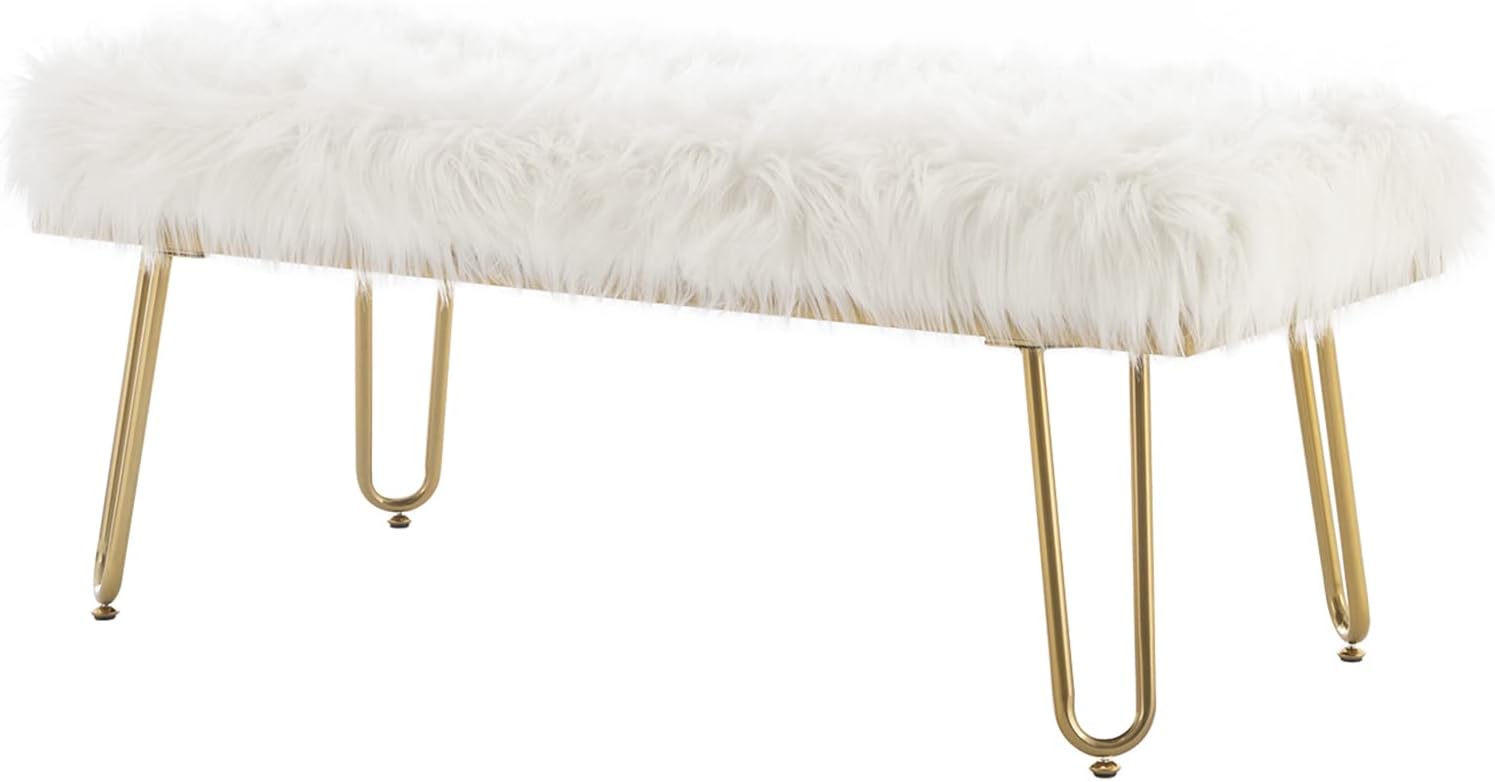 White Faux Fur Ottoman Bench Upholstered Furry Entryway Bedroom Bench with Gold Metal Legs, Modern Contemporary Long Bench Ottoman Hair Foot Rest Stool for Entryway, Living Room, Bedroom