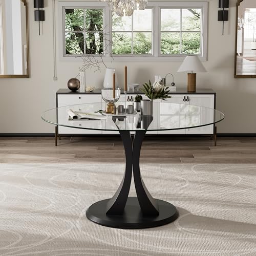 Round Dining Table, 47" Glass Dining Table for 4-6, Glass Kitchen Table with Robust Pedestal for Apartment Home Kitchen Living Room(Black)