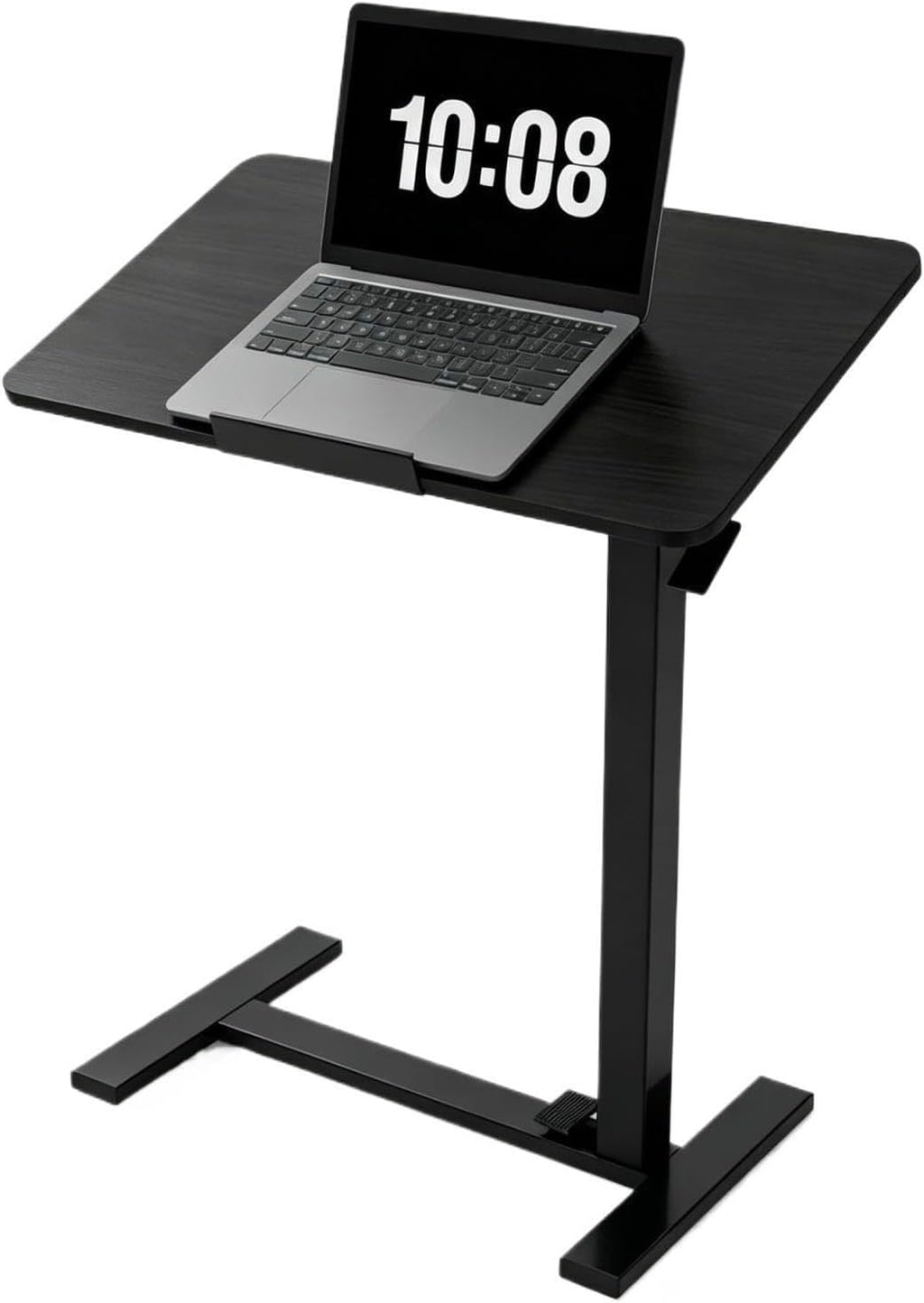 Adjustable Overbed Table with Gas Spring Tilting Desktop, Pneumatic Height Adjustment, H-Base Frame and Hidden Swivel Casters(Dual-sideflip-Black)