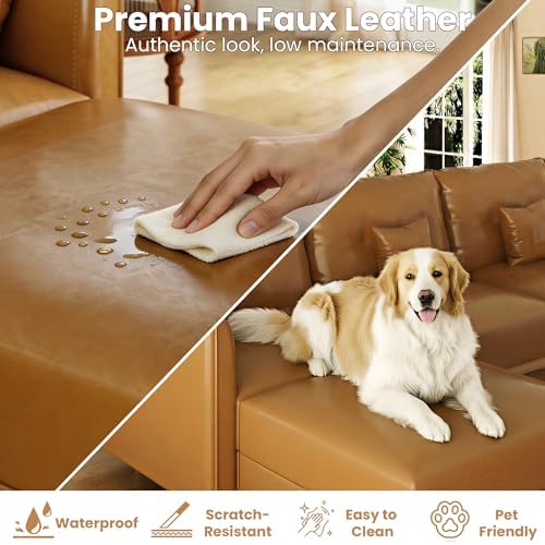 LLappuil 7-Seater L-Shaped Sectional Modular Sofa with Storage, Deep Seat Faux Leather Couches for Living Room, Waterproof & Scratch Resistant, Cognac Tan