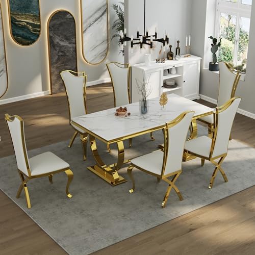 ACEDÉCOR 7 Piece Dining Table Set, Luxury White and Gold Kitchen and Dining Room Set for 6, Metal Circling Base Dining Table Set with White Leather Upholstered Dining Chairs