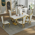 ACEDÉCOR 7 Piece Dining Table Set, Luxury White and Gold Kitchen and Dining Room Set for 6, Metal Circling Base Dining Table Set with White Leather Upholstered Dining Chairs