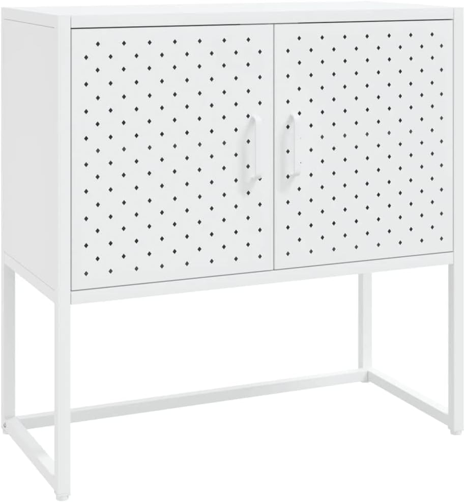White Steel Sideboard with Adjustable Levelers, Modern Rectangular Storage Cabinet for Living Room and Dining Room, Sturdy Powder-Coated Steel Construction, Sleek Minimalist