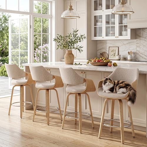 26'' Modern Barrel Swivel Counter Stools Counter Height Swivel Bar Stools with Backs Set of 4, Beige Chenille Upholstered Bar Height stools, Farmhouse Solid Wood Barstools for Kitchen Island, Home Bar