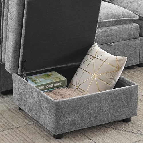 27" Large Square Ottoman with Storage, Modern Upholstered Footrest with Anti-Slip Legs for Couch Coffee Table Living Room, Bedroom, Entryway, Chenille Light Grey