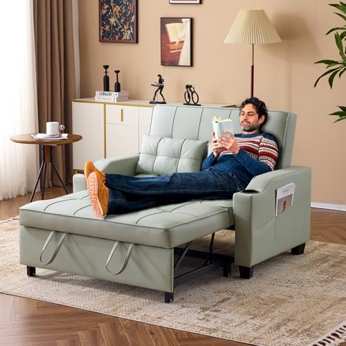 VINGLI Convertible Loveseat Sleeper Sofa Bed, Pullout Couch for Living Room | Light Green Futon Sofa Bed, Faux Leather Pull-Out Couch Bed with USB Ports, Cup Holders for Small Space, Apartment, Office