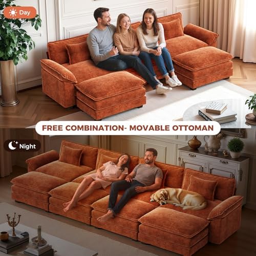 CDCASA 117" Oversized Modular Sectional Sofa with Corner, Comfy V-Shaped Cloud Couch w/ 2 Ottomans, 7-Seater Chenille Deep Seat Modern Sofa Couch for Living Room, DIY Combination, Terracotta Orange
