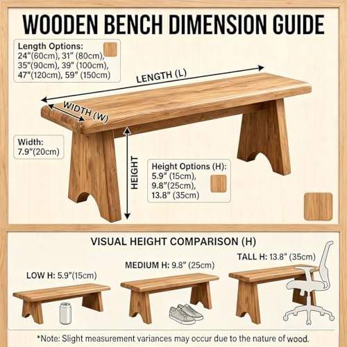 Solid Wood Bench, 24" 31" 35" 39" 47" 59" Rustic Entryway Bench, Narrow End of Bed Bench for Bedroom, Farmhouse Dining Bench for Kitchen, Living Room, Hallway, Easy Assembly