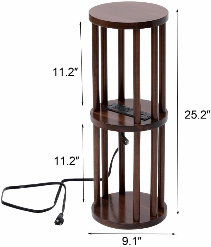 9 x25 Fully Assembled Walnut Wood Round Drink Table with Charging Station, Mid-Century Modern Circle Wood Accent Pedestal Table for Living Room or Small Bedroom Nightstand