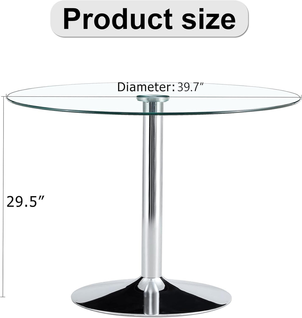 gopop 40" Round Glass Dining Table, Modern Kitchen Table with Tempered Glass Top & Stainless Steel Silver Leg, Clear Dining Room Table for Kitchen Dinner Room.